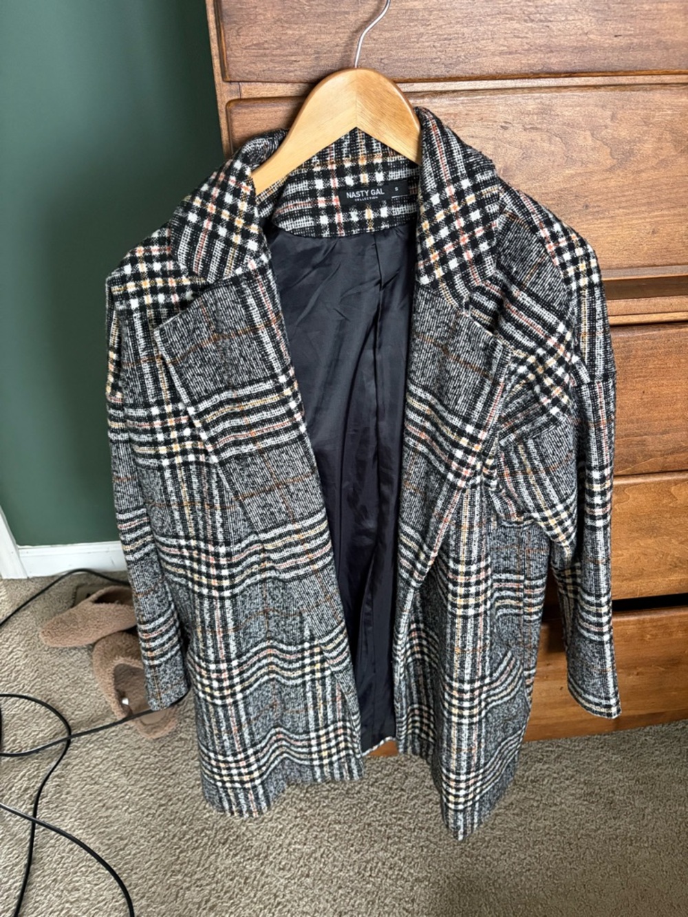 Nasty Gal Black and Gray Plaid Coat with Cream and Rust Accents